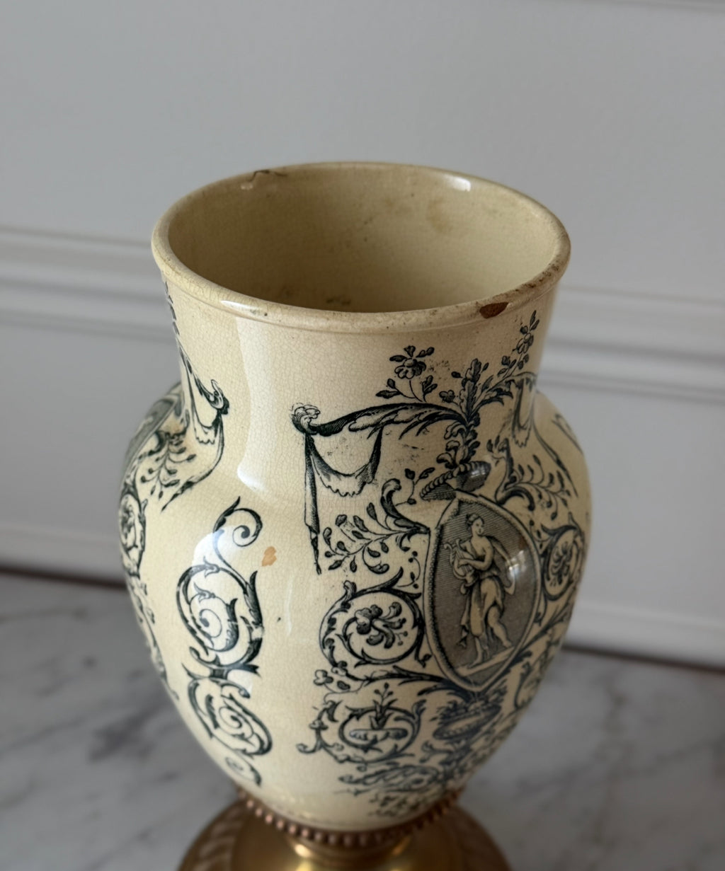 19th century French Belle Epoque neoclassical transferware and cast brass vase