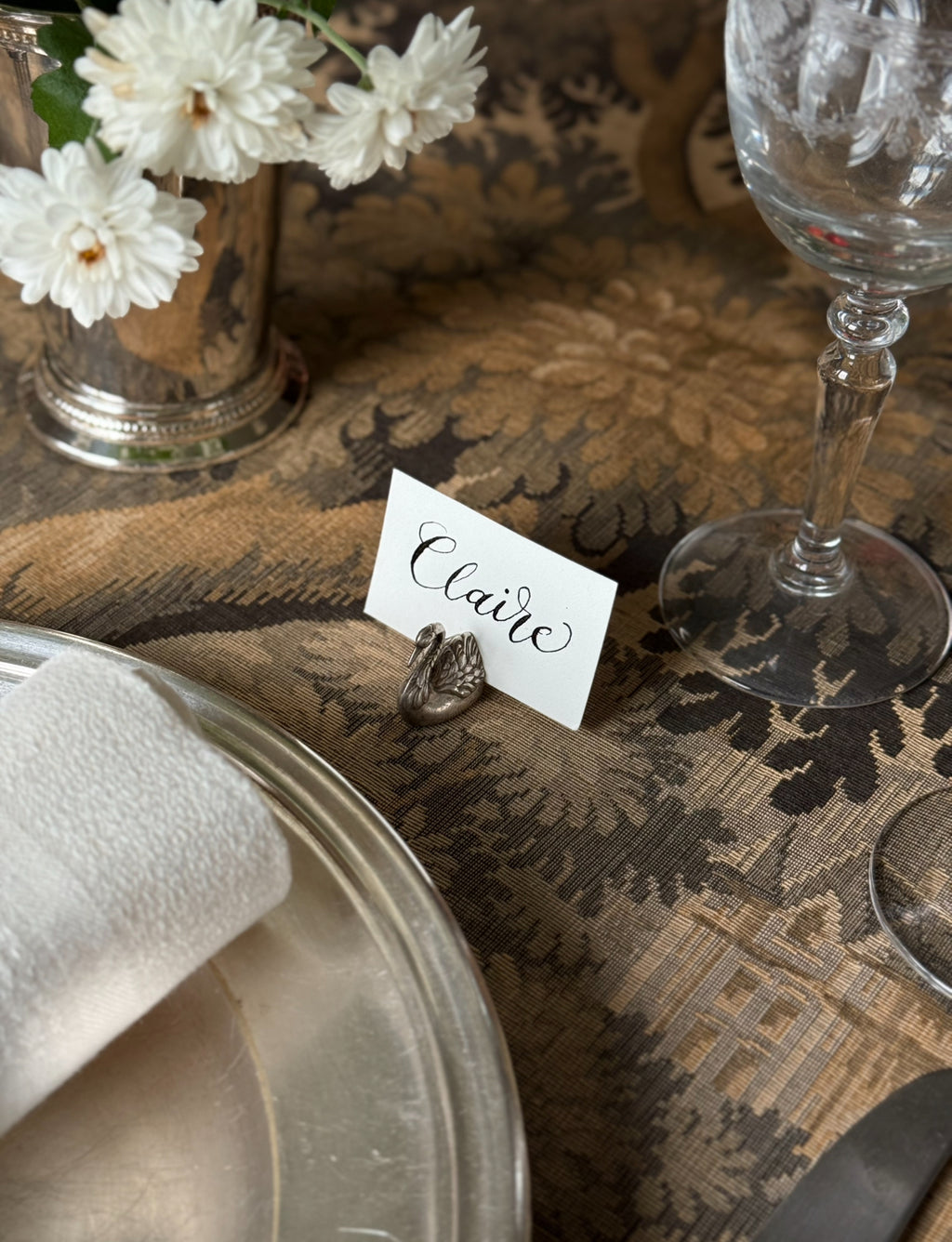 vintage French silver plate swan place card holders, set of 6