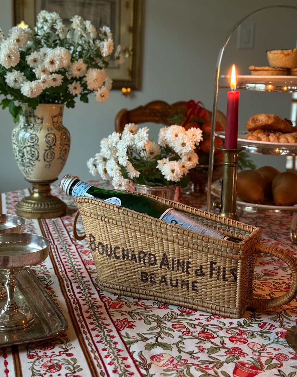 vintage French hand painted "Bouchard Aine & Fils" winery bottle basket