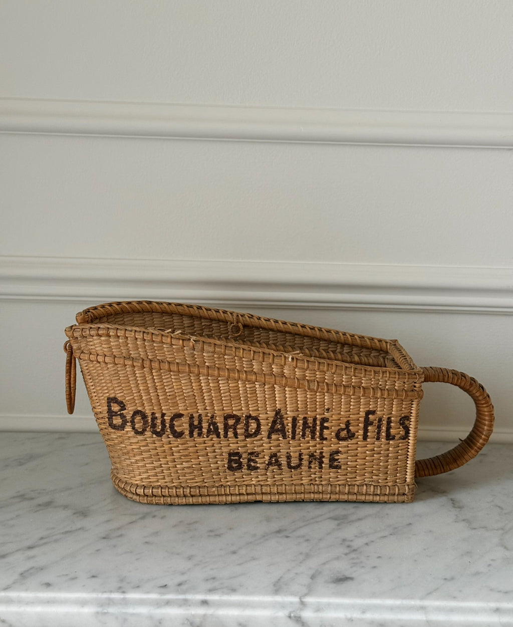 vintage French hand painted "Bouchard Aine & Fils" winery bottle basket
