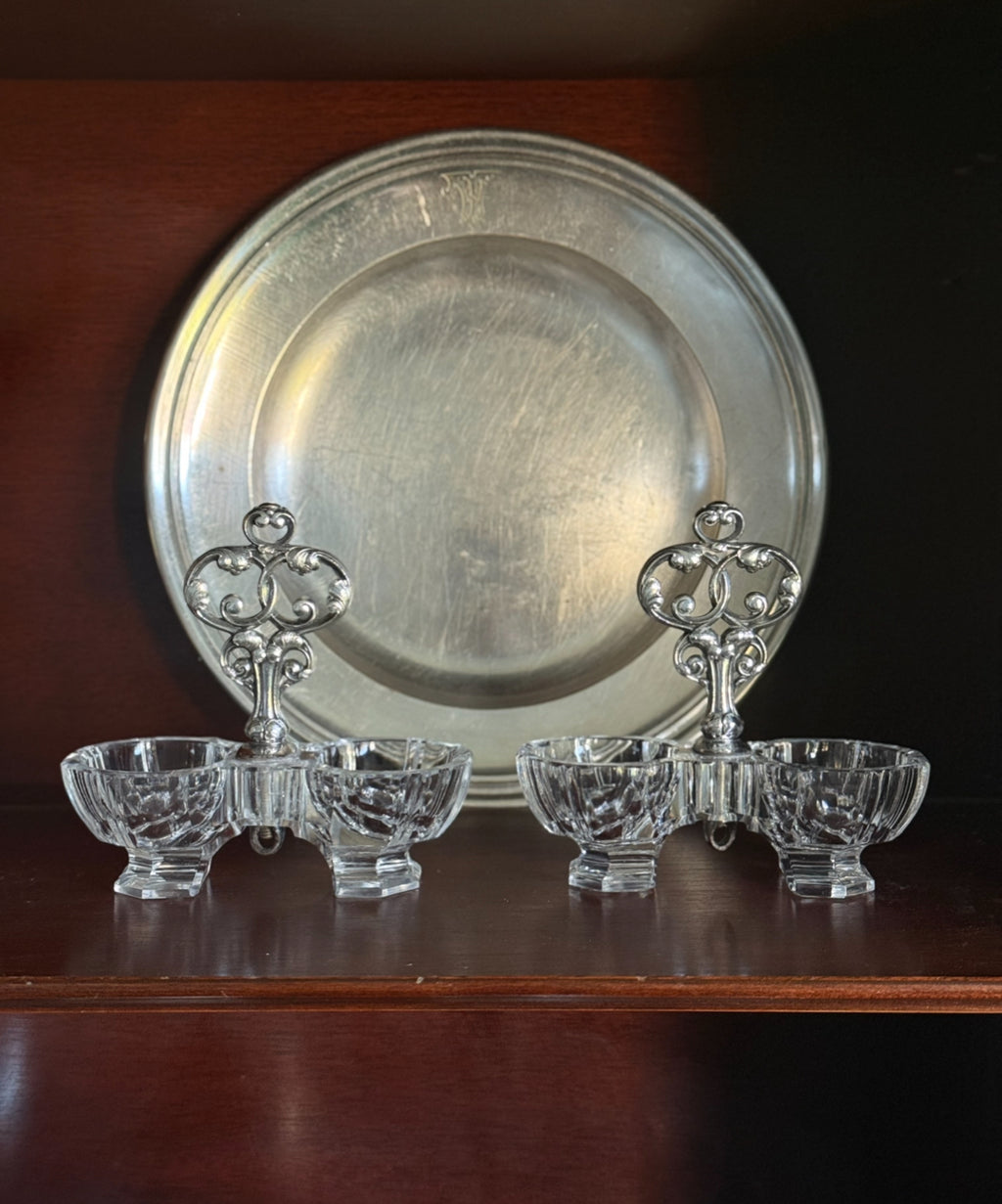 vintage French Christofle crystal and silver plate double salt cellar