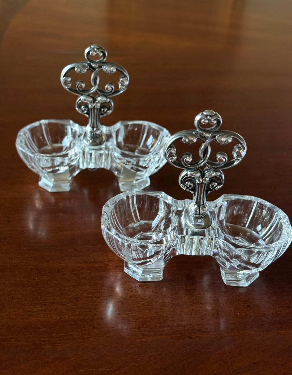 vintage French Christofle crystal and silver plate double salt cellar