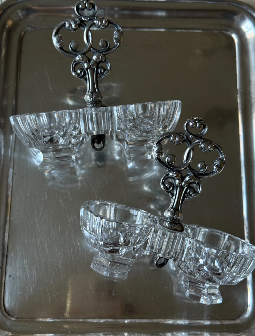vintage French Christofle crystal and silver plate double salt cellar