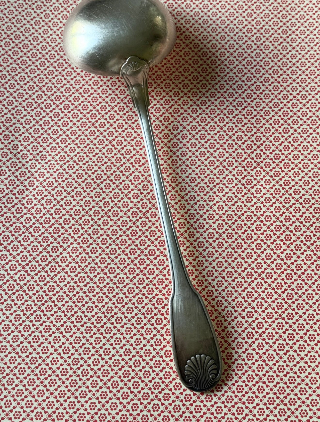 1940s French Christofle silver plate "Rubens" shell motif serving ladle