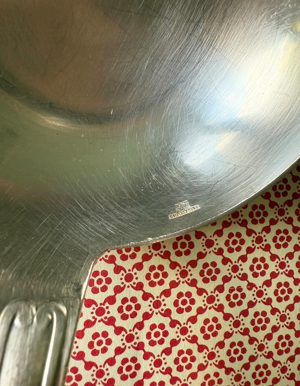 1940s French Christofle silver plate "Rubens" shell motif serving ladle