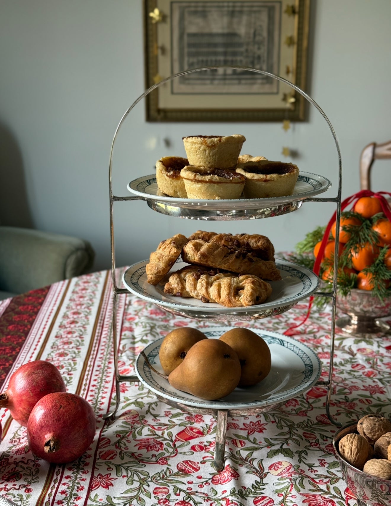 rare vintage English three tier silver plate dessert stand with three French transferware plates