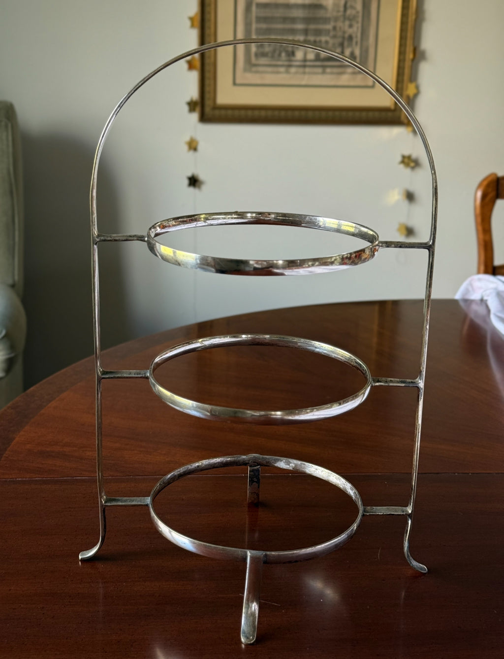 rare vintage English three tier silver plate dessert stand with three French transferware plates