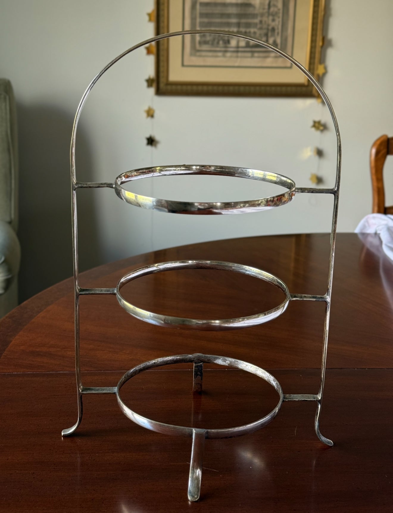 rare vintage English three tier silver plate dessert stand with three French transferware plates