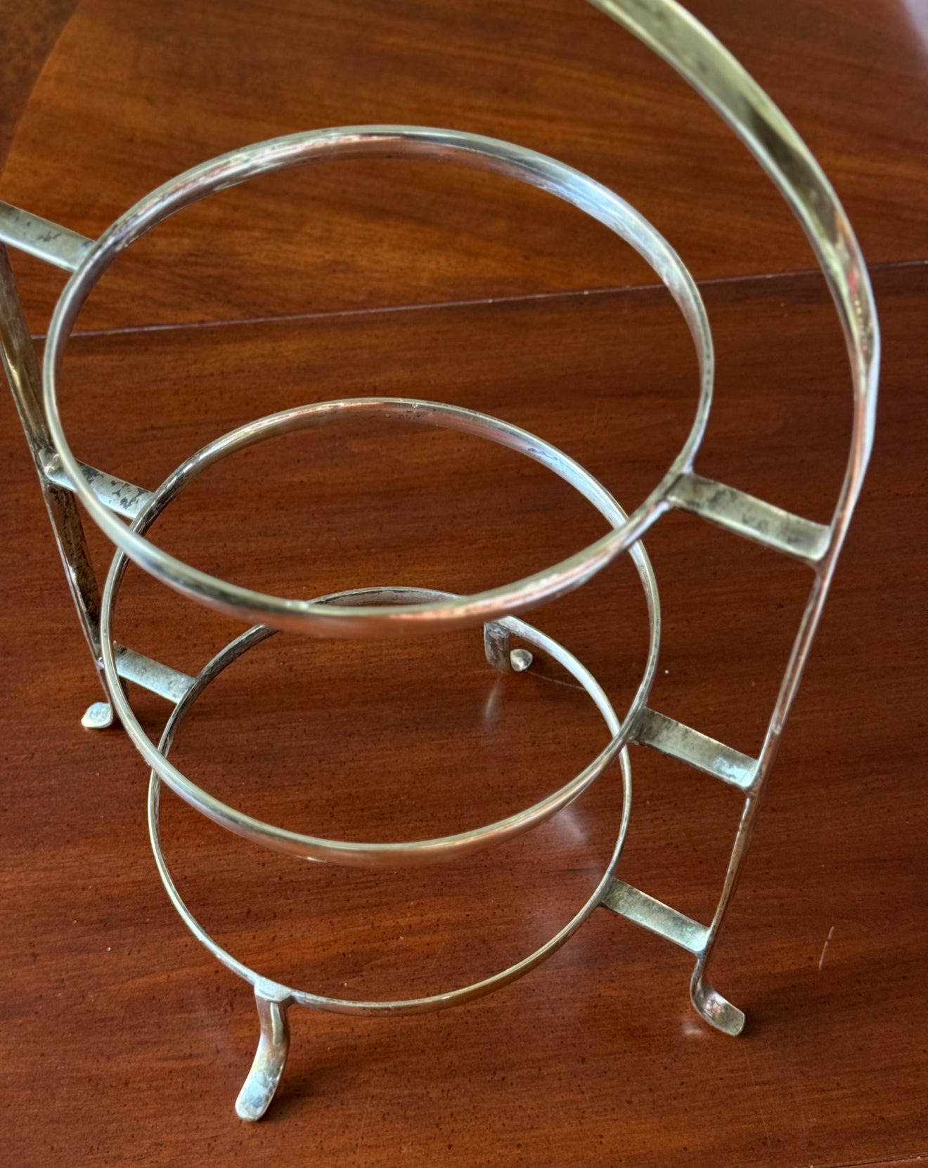 rare vintage English three tier silver plate dessert stand with three French transferware plates