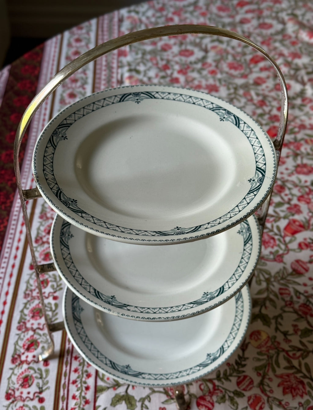 rare vintage English three tier silver plate dessert stand with three French transferware plates