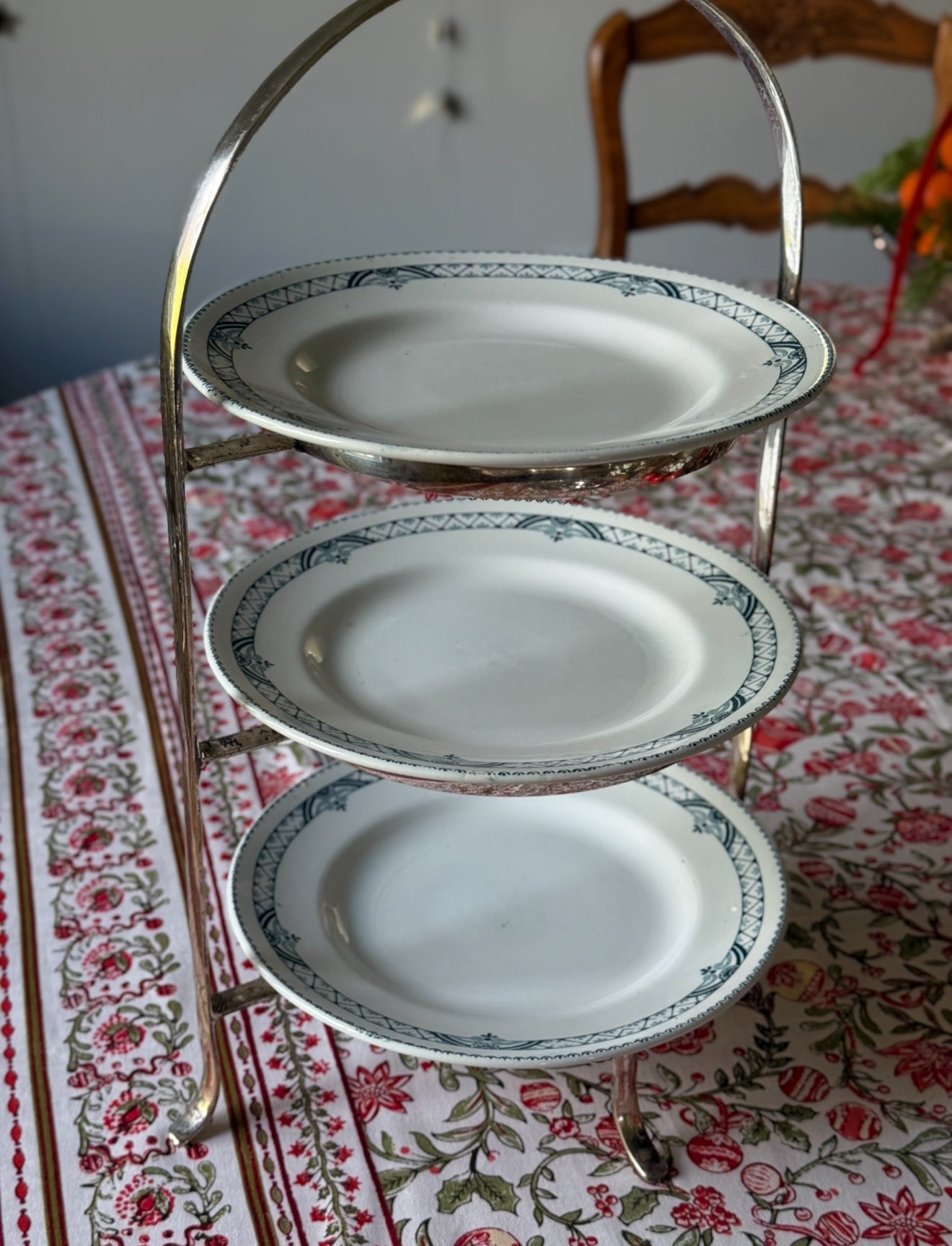 rare vintage English three tier silver plate dessert stand with three French transferware plates