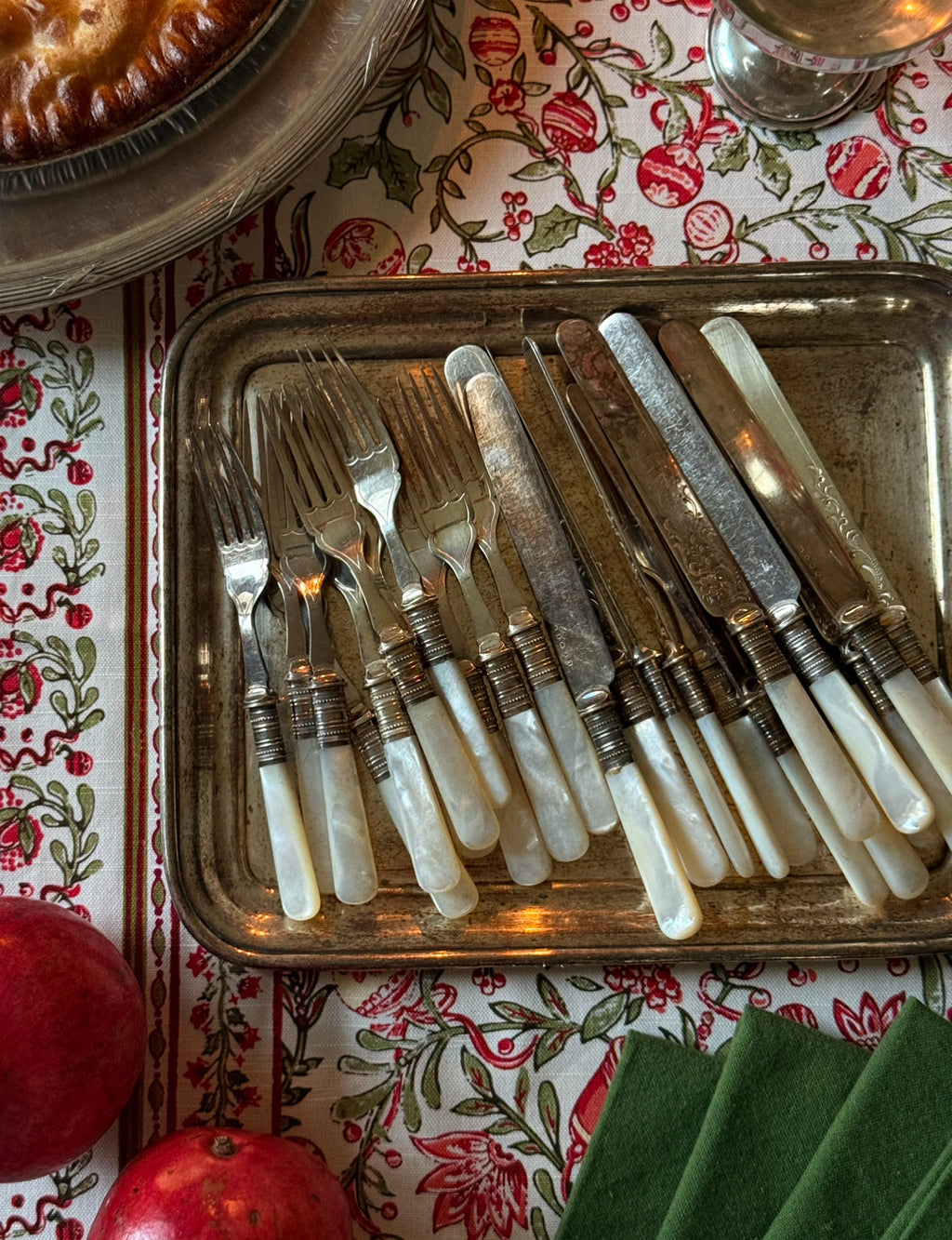 turn of the century English mother of pearl and silver plate fruit & dessert set, complete set of 12