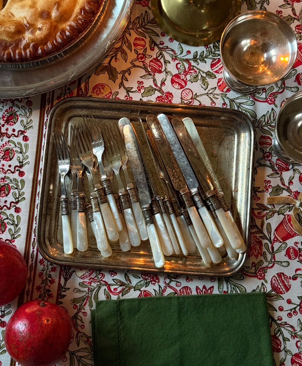 turn of the century English mother of pearl and silver plate fruit & dessert set, complete set of 12