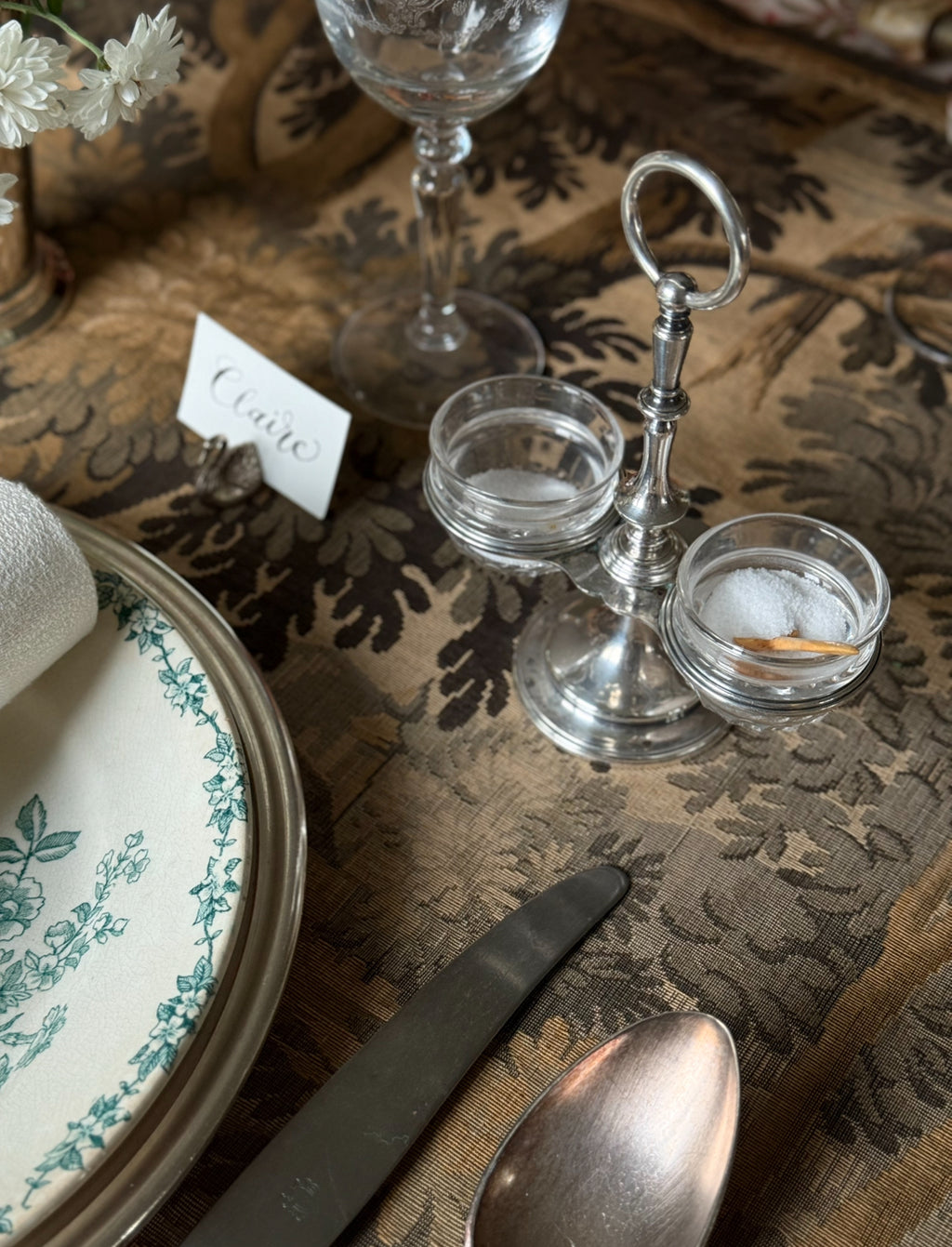 turn of the century Christofle silverplate double salt cellar with cut-glass inserts and bone salt spoon