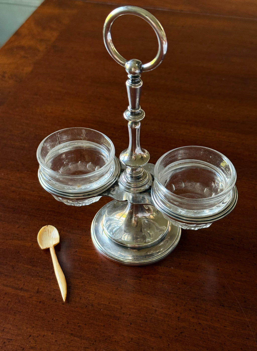 turn of the century Christofle silverplate double salt cellar with cut-glass inserts and bone salt spoon