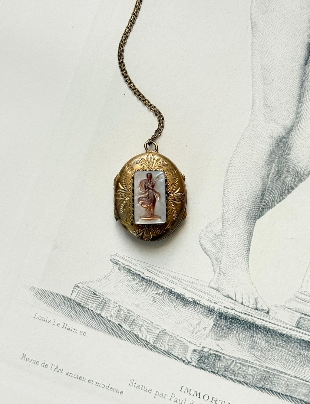 rare 19th century French carved mother-of-pearl cameo neoclassical chased brass photo locket
