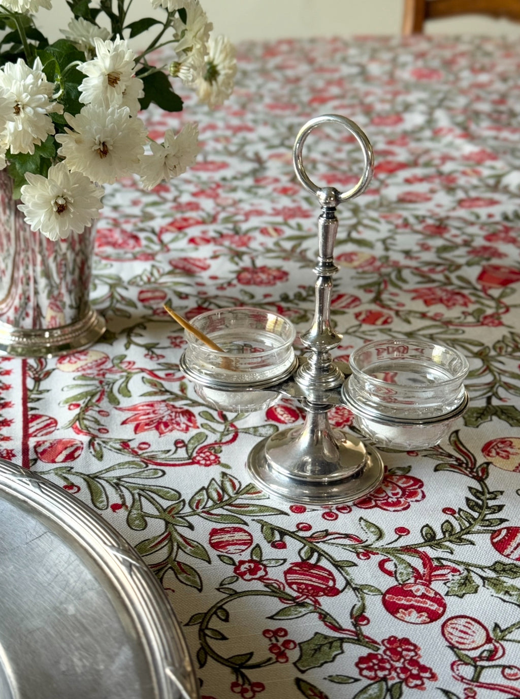 turn of the century Christofle silverplate double salt cellar with cut-glass inserts and bone salt spoon