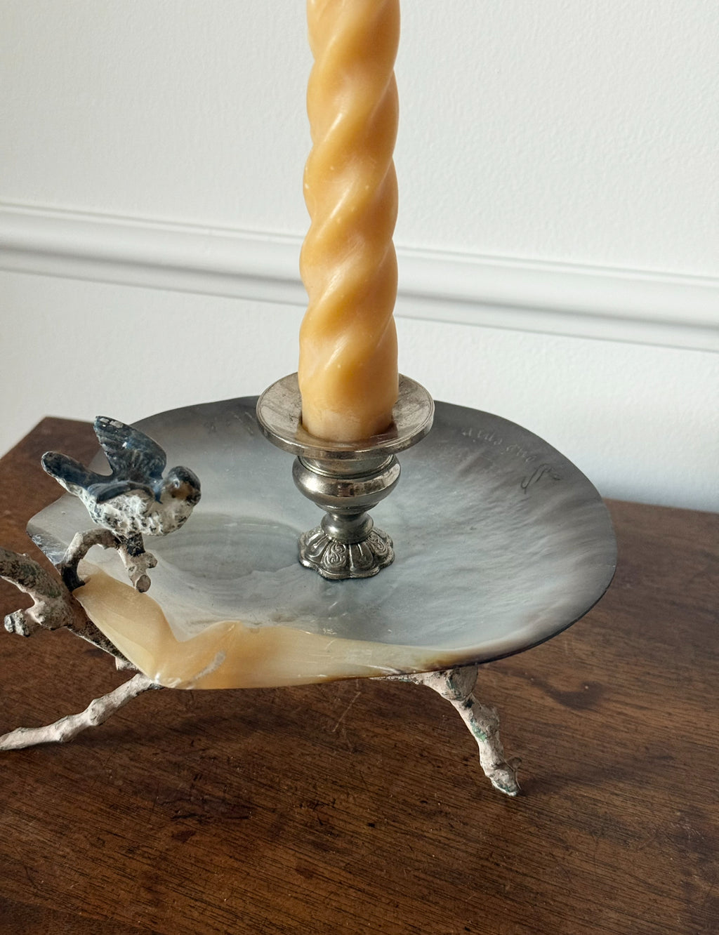 rare turn of the century French Belle Époque mother of pearl & enamelled bird candlestick art nouveau branch candlestick