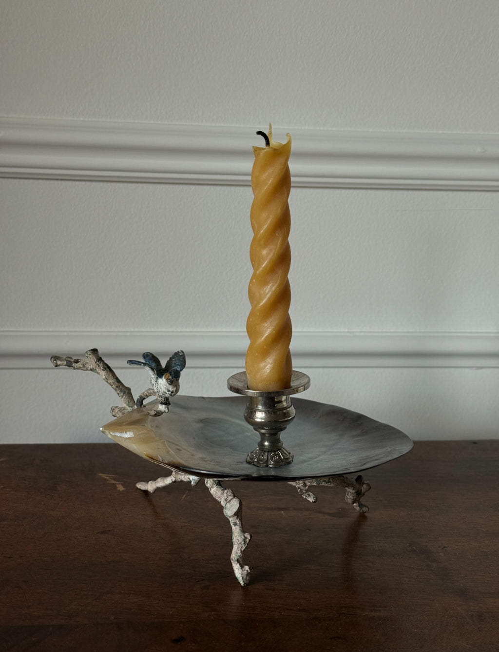 rare turn of the century French Belle Époque mother of pearl & enamelled bird candlestick art nouveau branch candlestick
