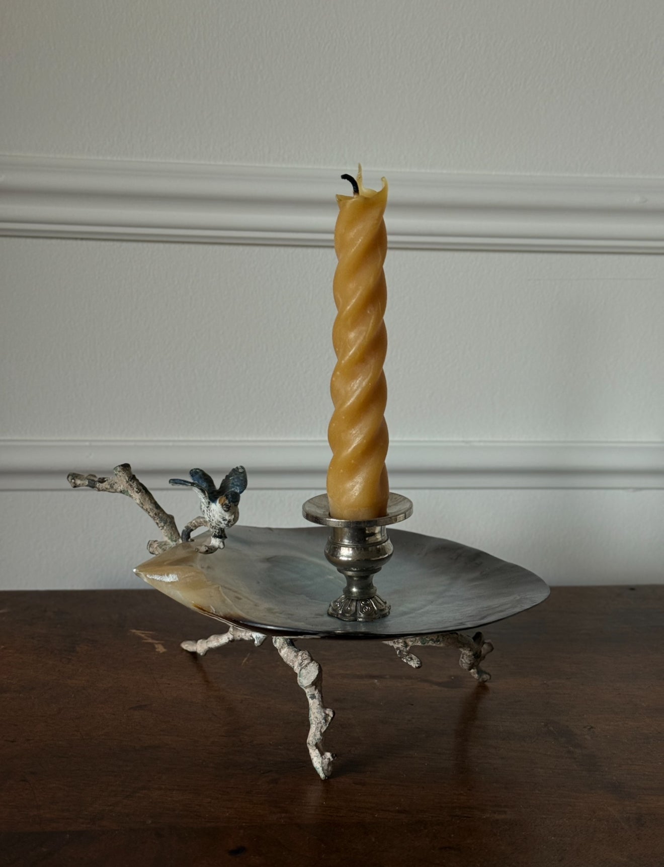 rare turn of the century French Belle Époque mother of pearl & enamelled bird candlestick art nouveau branch candlestick