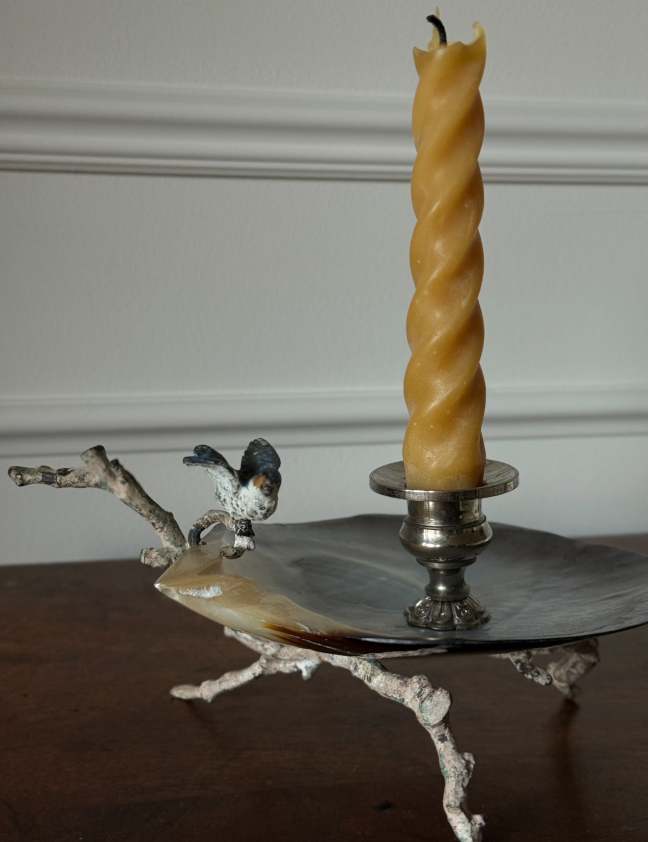 rare turn of the century French Belle Époque mother of pearl & enamelled bird candlestick art nouveau branch candlestick
