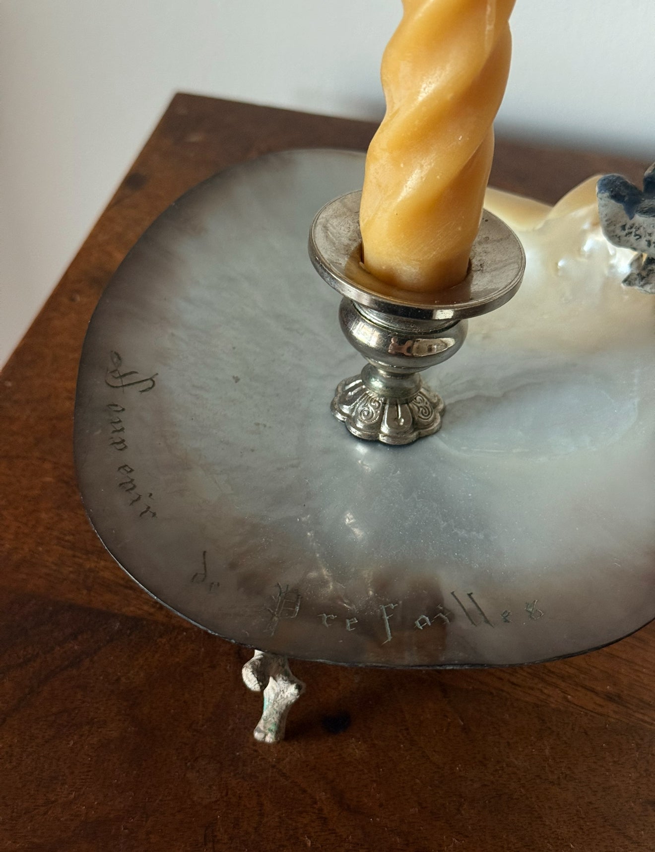 rare turn of the century French Belle Époque mother of pearl & enamelled bird candlestick art nouveau branch candlestick