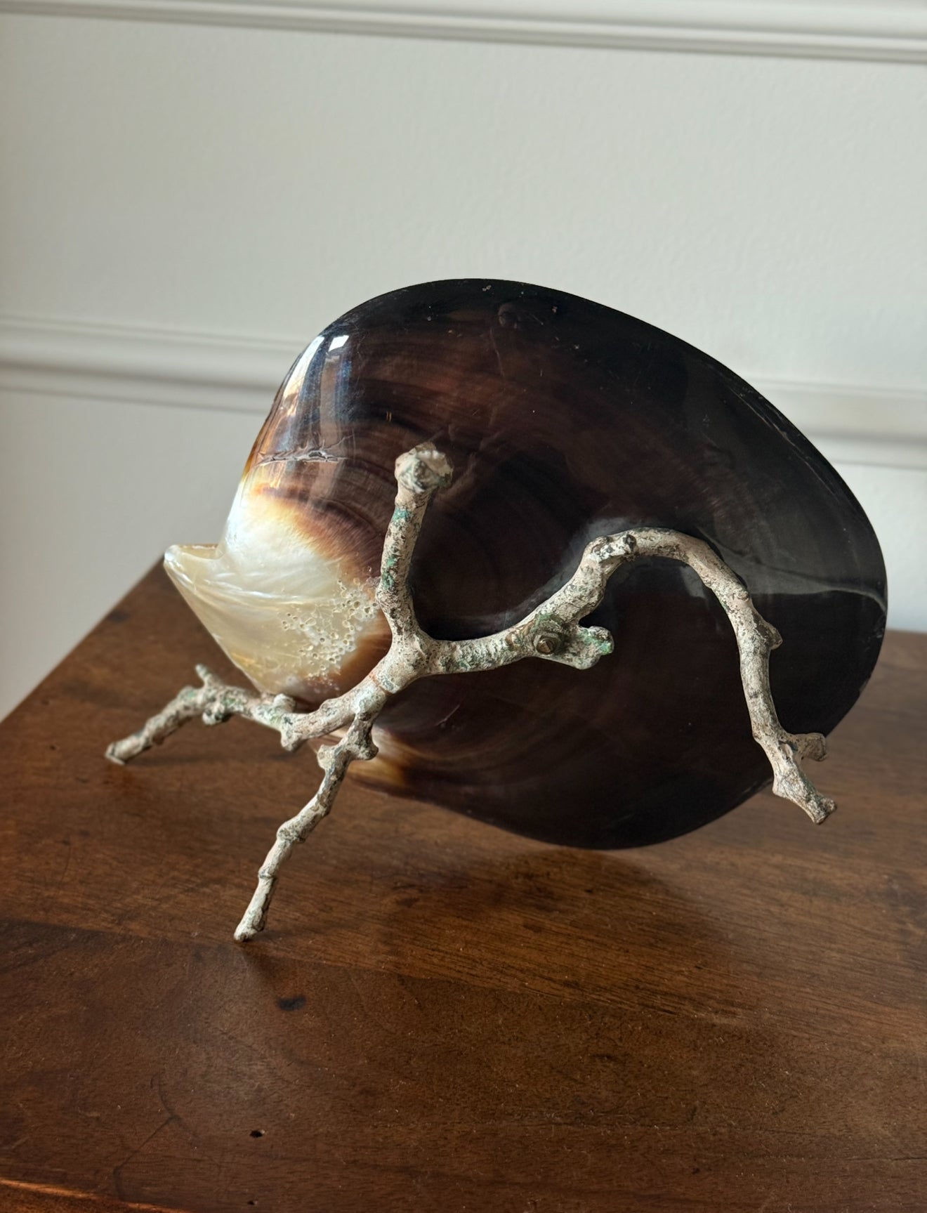 rare turn of the century French Belle Époque mother of pearl & enamelled bird candlestick art nouveau branch candlestick