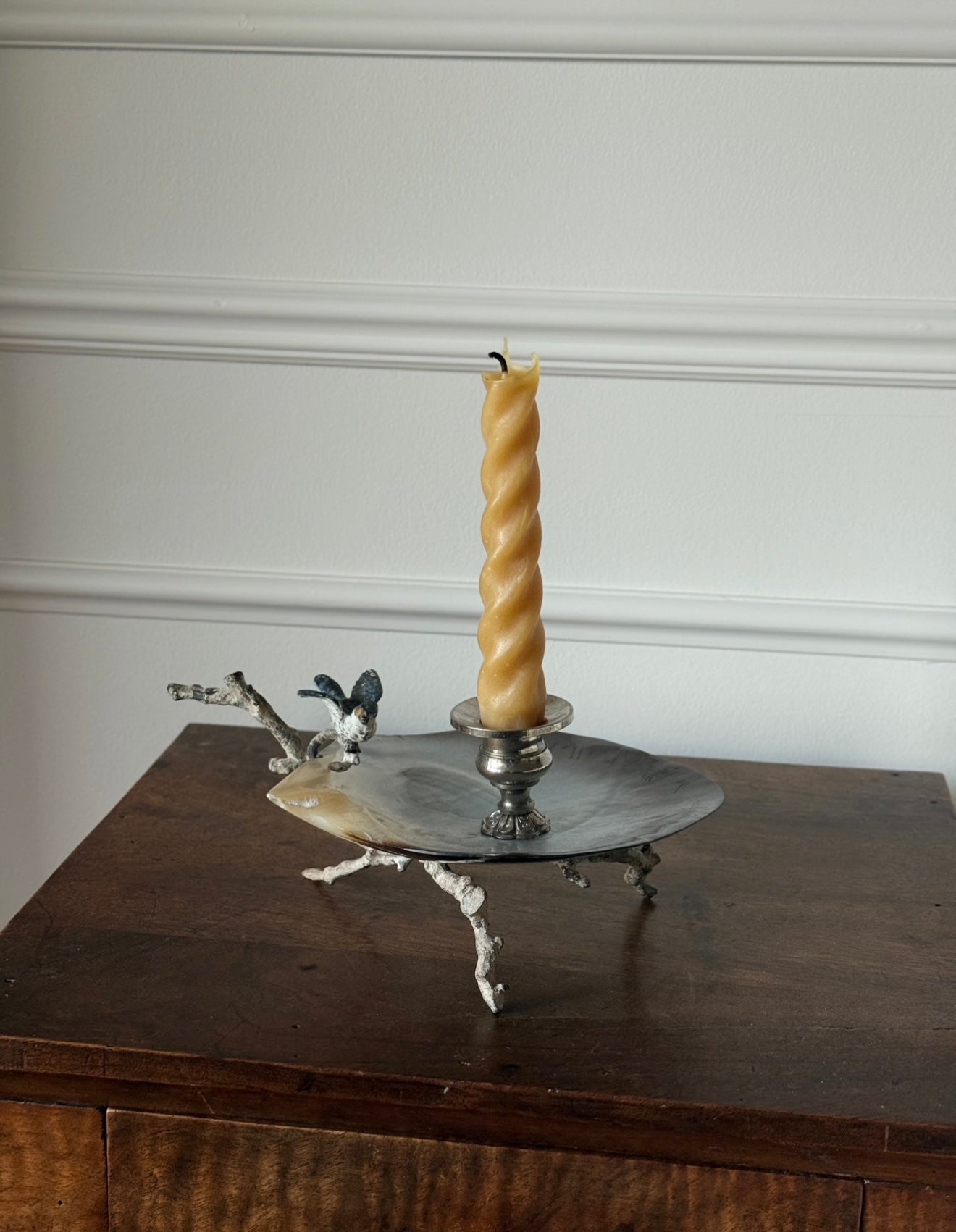 rare turn of the century French Belle Époque mother of pearl & enamelled bird candlestick art nouveau branch candlestick