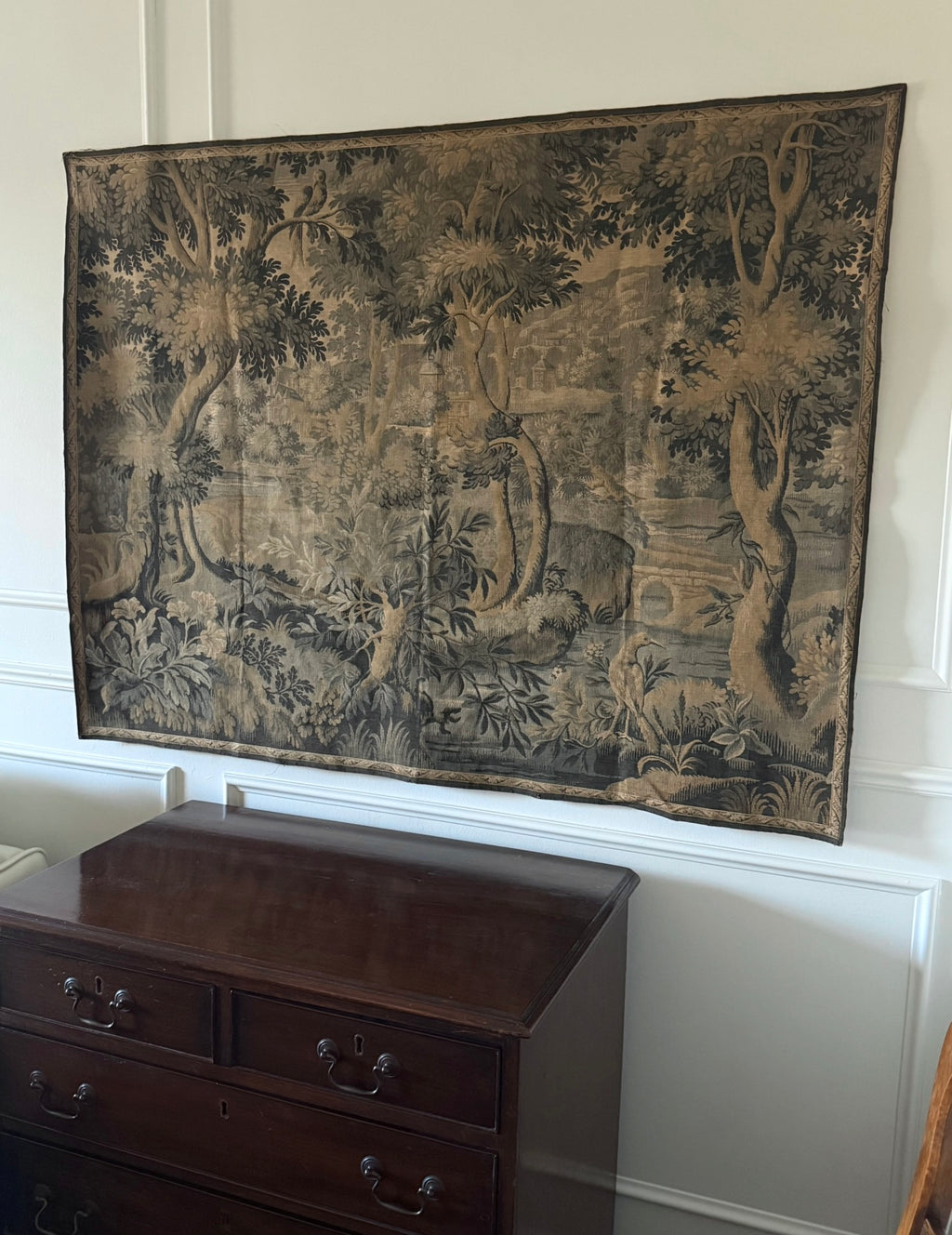 19th century French verdure tapestry panel, Aubusson style pastoral scene