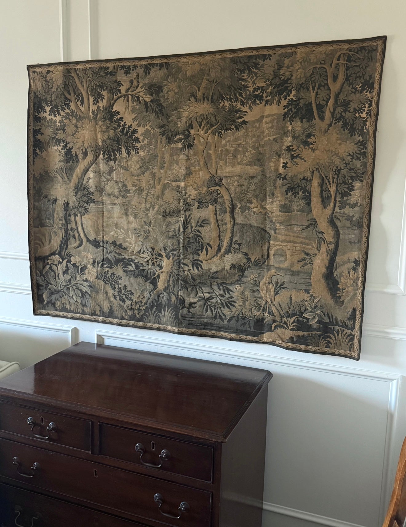 19th century French verdure tapestry panel, Aubusson style pastoral scene