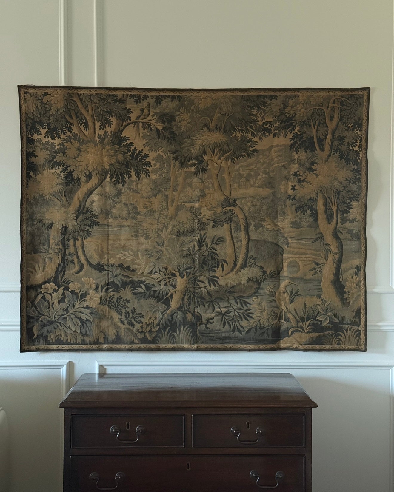 19th century French verdure tapestry panel, Aubusson style pastoral scene