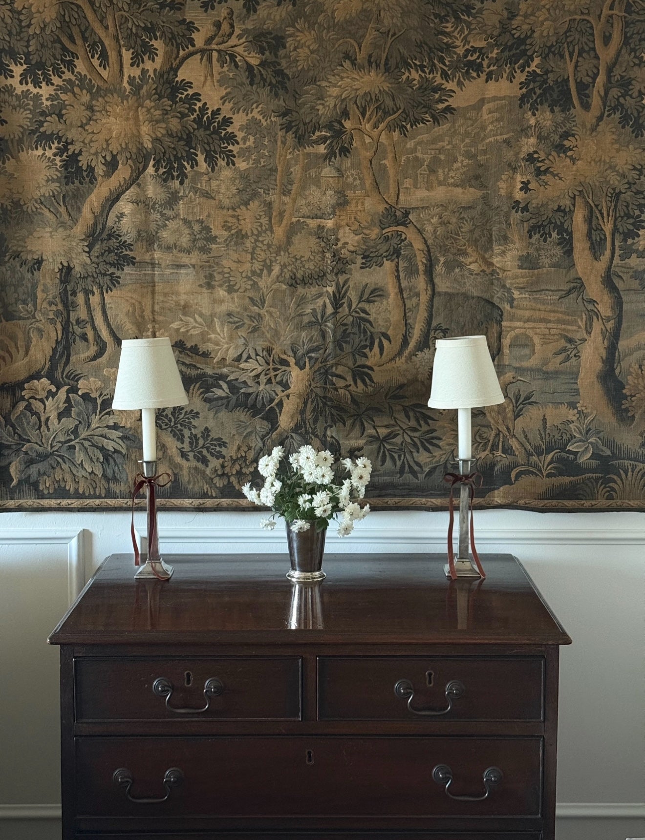 19th century French verdure tapestry panel, Aubusson style pastoral scene