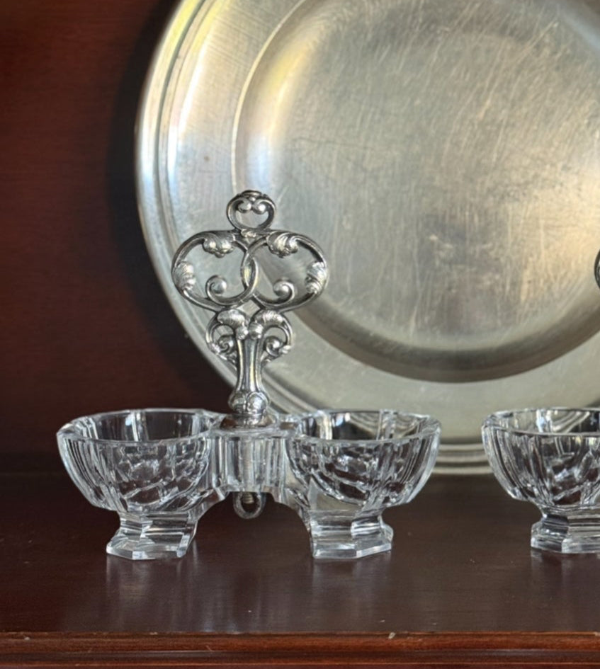 vintage French Christofle crystal and silver plate double salt cellar