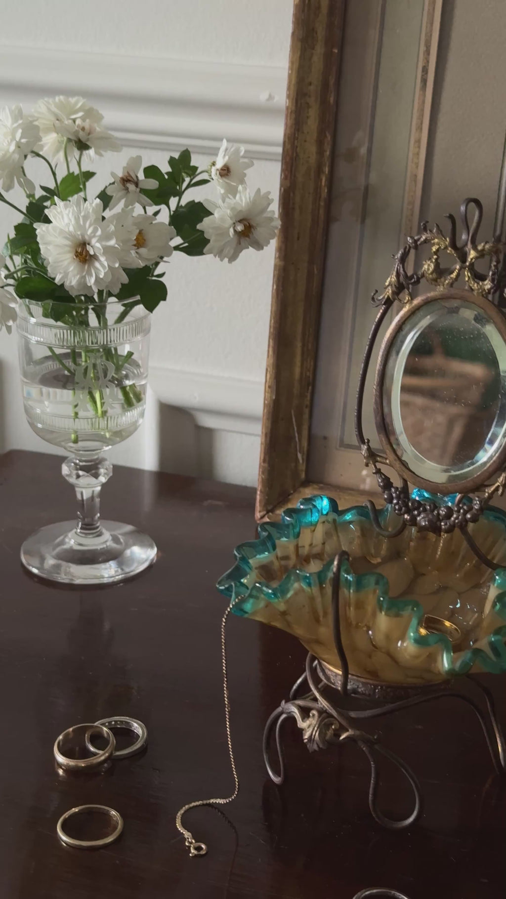 antique 19th century French brass and ruffled art glass dressing table mirror