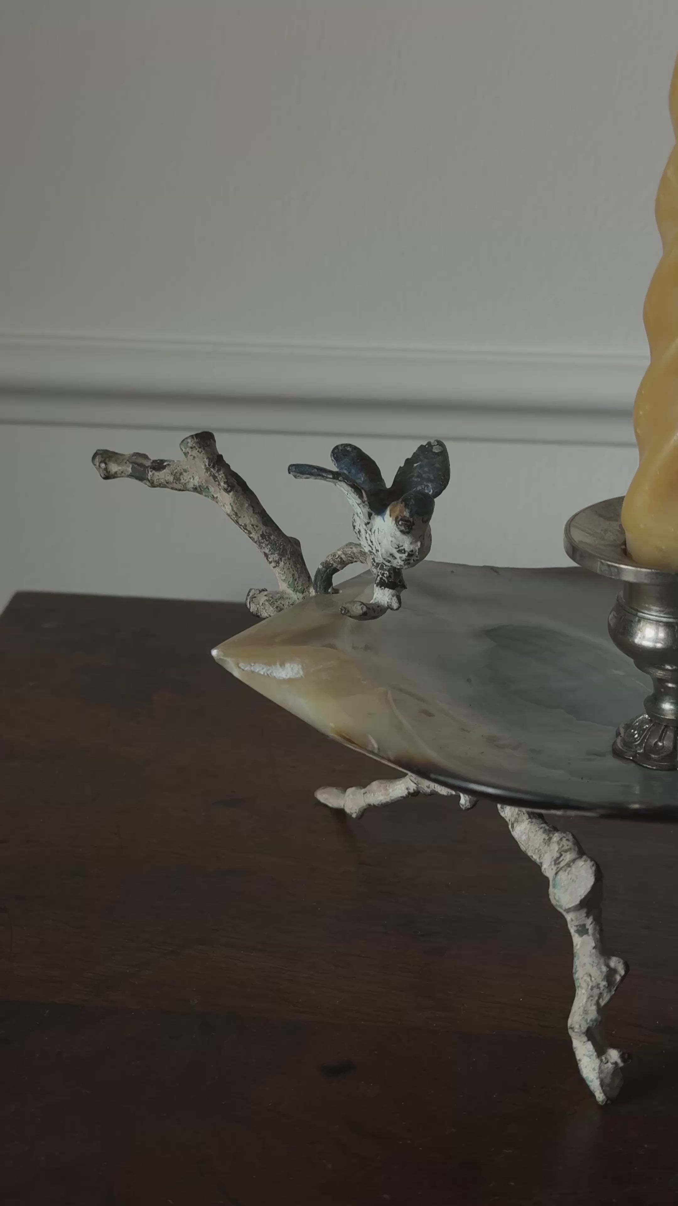 rare turn of the century French Belle Époque mother of pearl & enamelled bird candlestick art nouveau branch candlestick